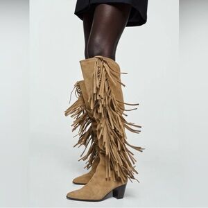 Zara Tan Heeled Fringe Boots